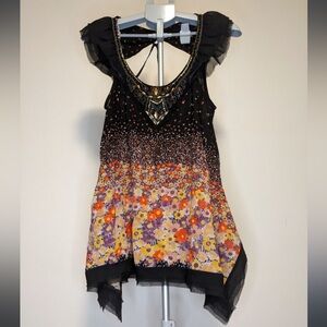 Free People Top Black Colorful Floral Handkerchief Hem Cap Sleeve Jeweled Bodice